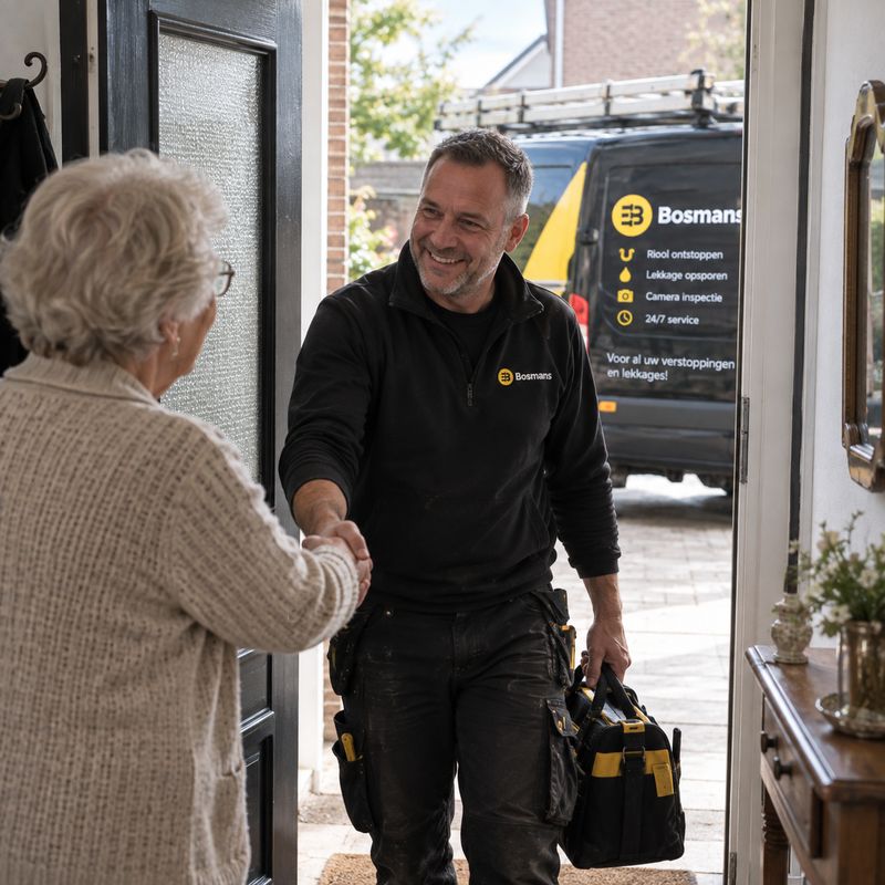 Bosmans Rioolservice engineer greeting a customer at the front door